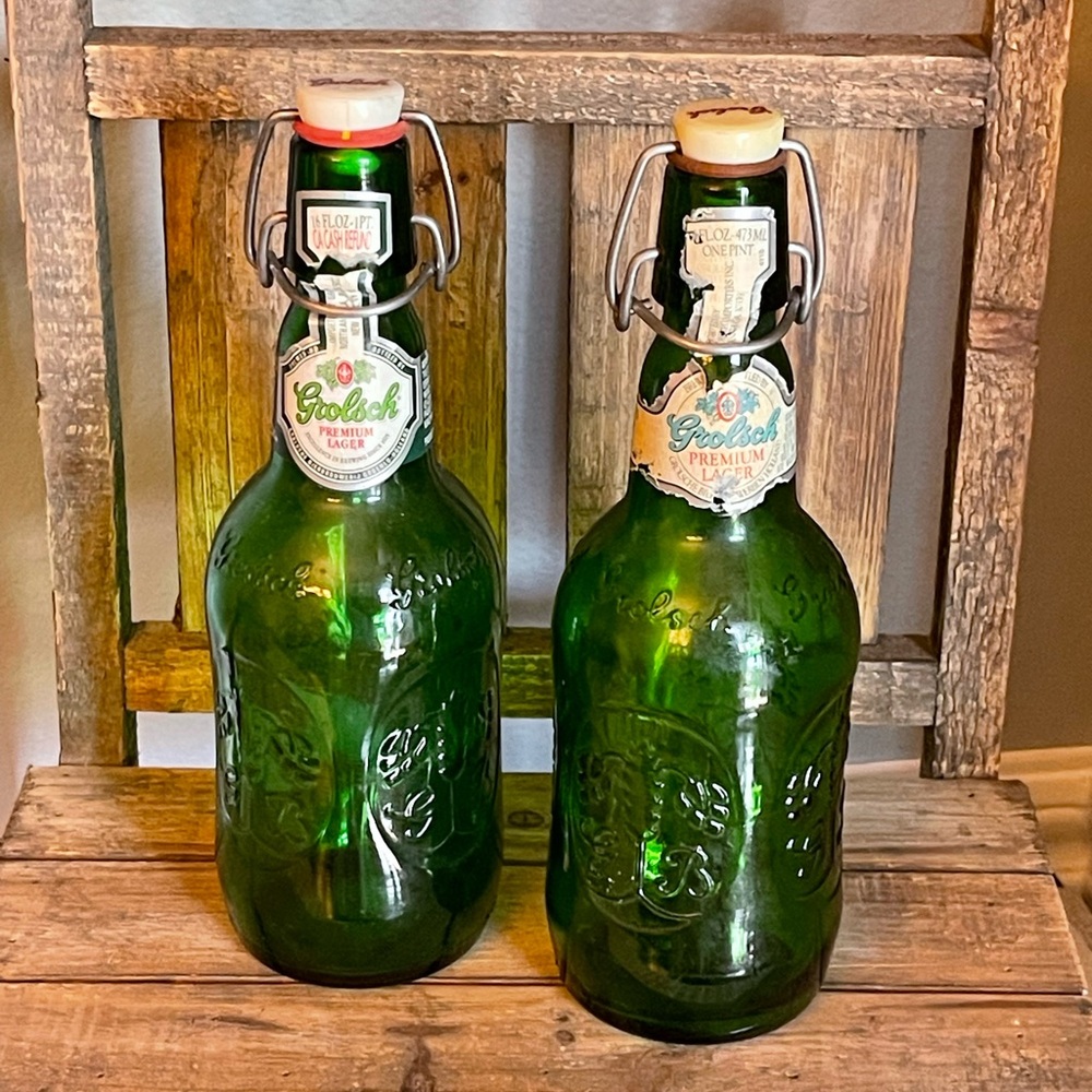 Vintage Green Glass Beer Bottles - Grolsch - Set of 2